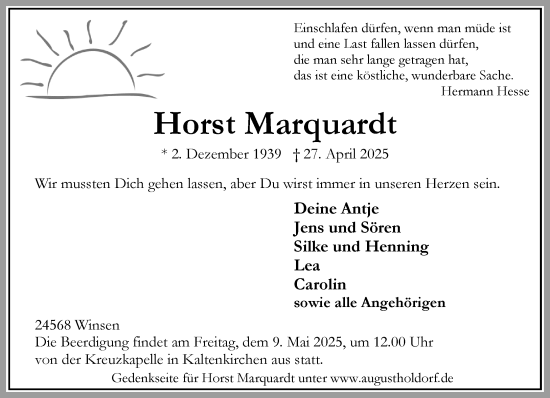 Traueranzeige von Horst Marquardt von Umschau
