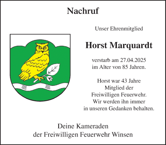 Traueranzeige von Horst Marquardt von Umschau