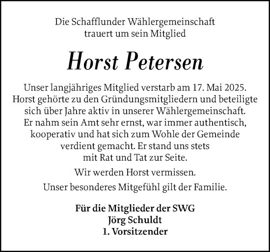Traueranzeige von Horst Petersen von Flensburger Tageblatt