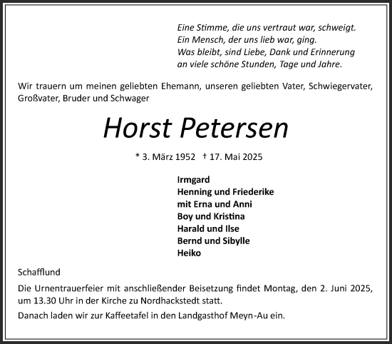 Traueranzeige von Horst Petersen von Flensburger Tageblatt