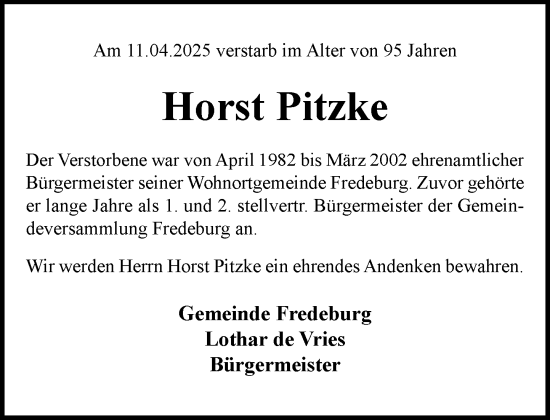 Traueranzeige von Horst Pitzke von MARKT Ratzeburg/Mölln