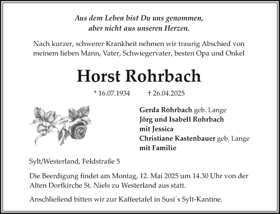 Traueranzeige von Horst Rohrbach von Sylter Rundschau