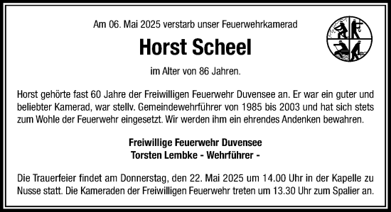 Traueranzeige von Horst Scheel von MARKT Ratzeburg/Mölln