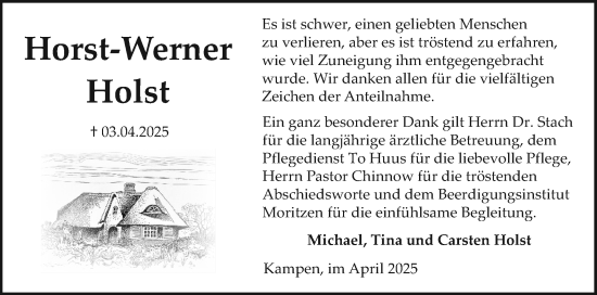 Traueranzeige von Horst-Werner Holst von Sylter Rundschau