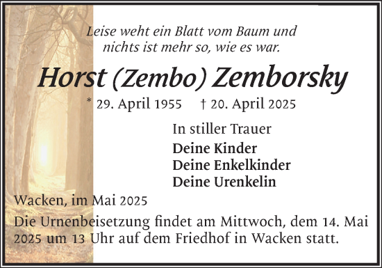 Traueranzeige von Horst Zemborsky von Norddeutsche Rundschau, Wilstersche Zeitung, Glückstädter Fortuna