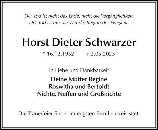 Traueranzeige von Horst Dieter Schwarzer von MARKT Ahrensburg/Bargteheide/Trittau und Stormarner Tageblatt