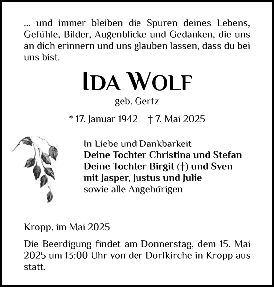 Traueranzeige von Ida Wolf von Schleswiger Nachrichten, Schlei-Bote