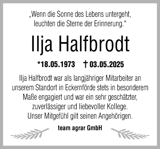 Traueranzeige von Ilja Halfbrodt von Eckernförder Zeitung