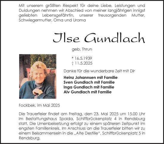 Traueranzeige von Ilse Gundlach von Schleswig-Holsteinische Landeszeitung