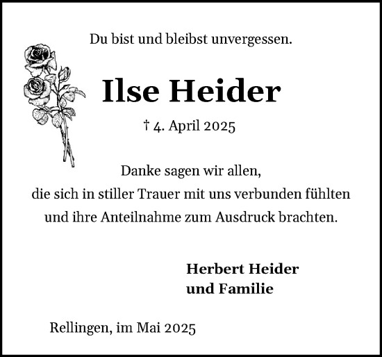 Traueranzeige von Ilse Heider von Region Pinneberg und tip Pinneberg