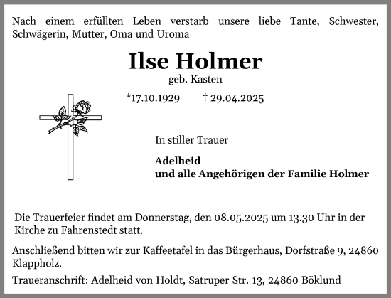 Traueranzeige von Ilse Holmer von Schleswiger Nachrichten, Schlei-Bote, Eckernförder Zeitung