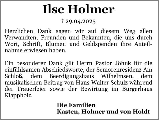 Traueranzeige von Ilse Holmer von Schleswiger Nachrichten, Schlei-Bote, Eckernförder Zeitung