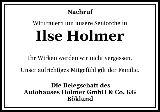 Traueranzeige von Ilse Holmer von Eckernförder Zeitung, Hallo Eckernförde