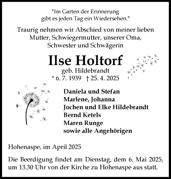 Traueranzeige von Ilse Holtorf von Norddeutsche Rundschau, Wilstersche Zeitung, Glückstädter Fortuna
