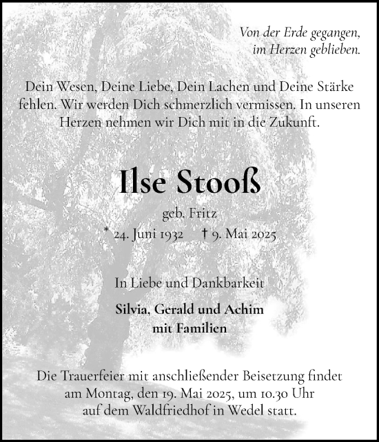 Traueranzeige von Ilse Stooß von Wedel-Schulauer Tageblatt, tip Wedel-Schulauer Tageblatt, tip Rissener Rundschau