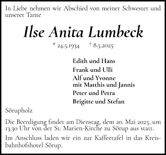 Traueranzeige von Ilse Anita Lumbeck von Flensburger Tageblatt