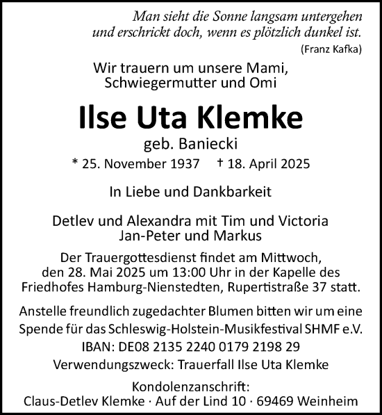 Traueranzeige von Ilse Uta Klemke von Wedel-Schulauer Tageblatt, tip Wedel-Schulauer Tageblatt, tip Rissener Rundschau