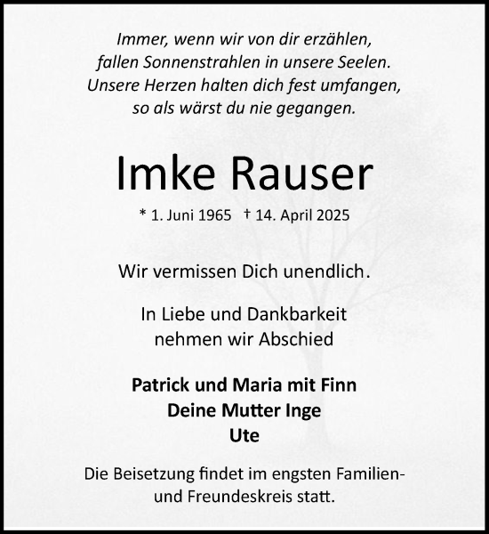 Traueranzeige von Imke Rauser von MARKT Bad Oldesloe/Reinfeld und Stormarner Tageblatt
