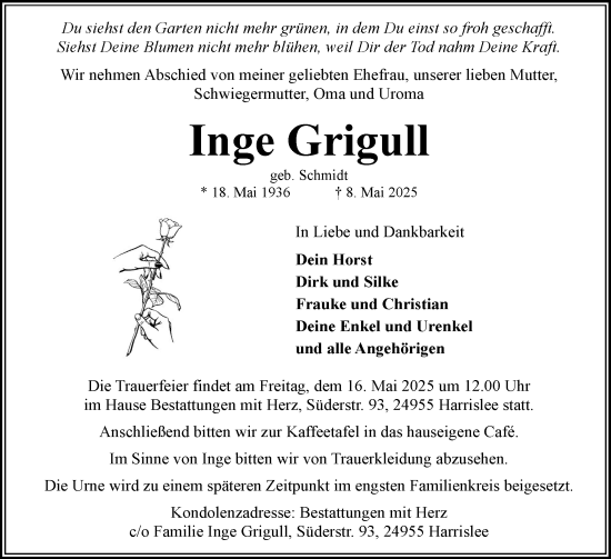 Traueranzeige von Inge Grigull von Flensburger Tageblatt