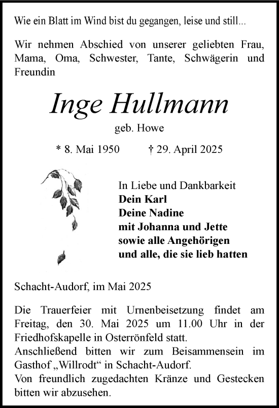 Traueranzeige von Inge Hullmann von Schleswig-Holsteinische Landeszeitung