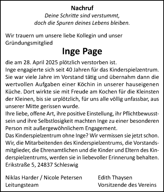 Traueranzeige von Inge Page von Schleswiger Nachrichten, Schlei-Bote