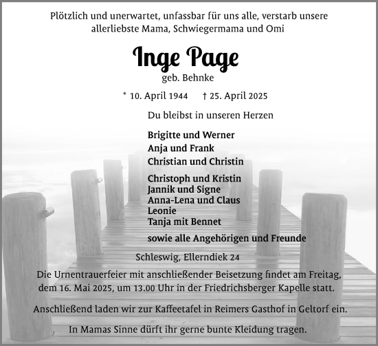 Traueranzeige von Inge Page von Schleswiger Nachrichten, Schlei-Bote