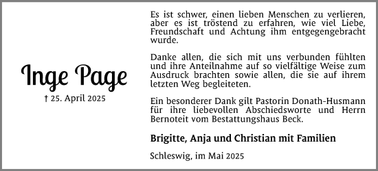 Traueranzeige von Inge Page von Schleswiger Nachrichten, Schlei-Bote