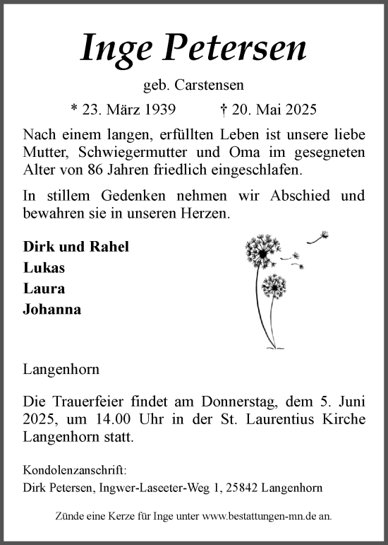 Traueranzeige von Inge Petersen von Husumer Nachrichten, Nordfriesland Tageblatt
