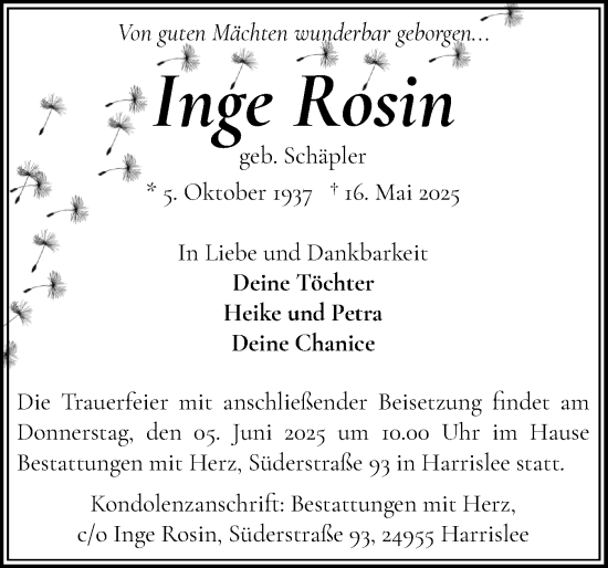 Traueranzeige von Inge Rosin von Flensburger Tageblatt