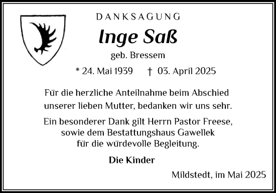 Traueranzeige von Inge Saß von Husumer Nachrichten, Nordfriesland Tageblatt