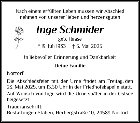 Traueranzeige von Inge Schmider von Schleswig-Holsteinische Landeszeitung
