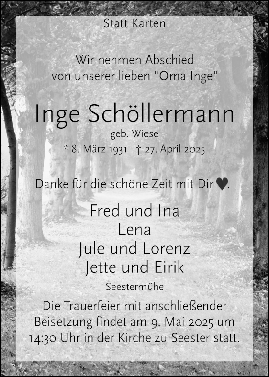 Traueranzeige von Inge Schöllermann von Elmshorner Nachrichten, Barmstedter Zeitung