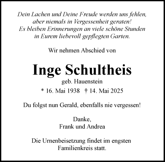 Traueranzeige von Inge Schultheis von Heimatspiegel