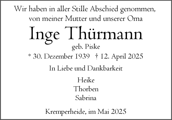 Traueranzeige von Inge Thürmann von Norddeutsche Rundschau, Wilstersche Zeitung, Glückstädter Fortuna