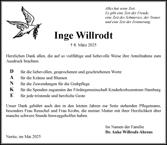 Traueranzeige von Inge Willrodt von MARKT Bad Oldesloe/Reinfeld, MARKT Ahrensburg/Bargteheide/Trittau und Stormarner Tageblatt