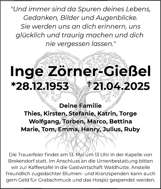 Traueranzeige von Inge Zörner-Gießel von Schleswig-Holsteinische Landeszeitung