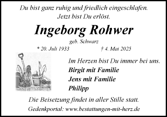 Traueranzeige von Ingeborg Rohwer von Flensburger Tageblatt