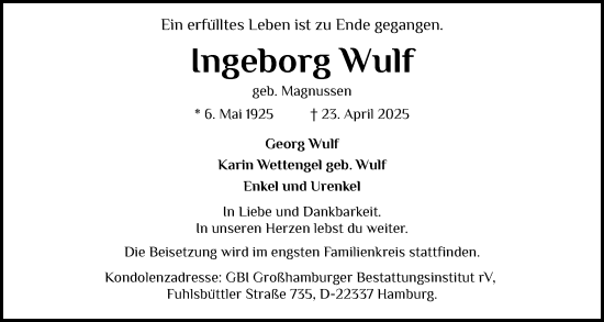 Traueranzeige von Ingeborg Wulf von Husumer Nachrichten, Nordfriesland Tageblatt