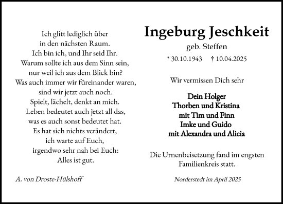 Traueranzeige von Ingeburg Jeschkeit von Heimatspiegel