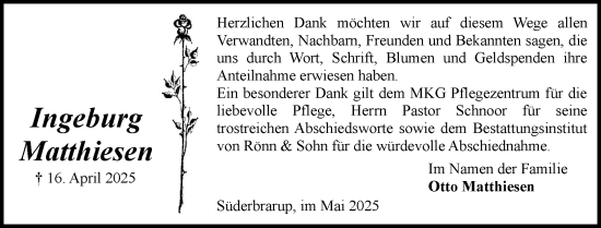 Traueranzeige von Ingeburg Matthiesen von Schleswiger Nachrichten, Schlei-Bote, Eckernförder Zeitung