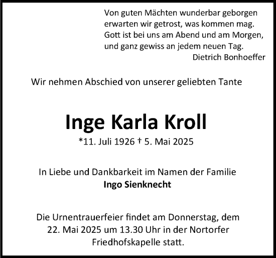 Traueranzeige von Inge Karla Kroll von Schleswig-Holsteinische Landeszeitung