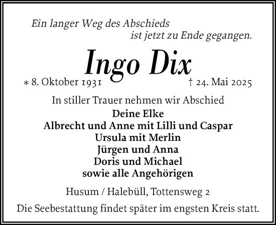 Traueranzeige von Ingo Dix von Husumer Nachrichten, Nordfriesland Tageblatt