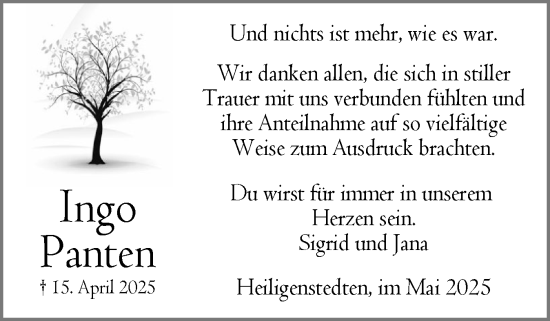 Traueranzeige von Ingo Panten von Norddeutsche Rundschau, Wilstersche Zeitung, Glückstädter Fortuna