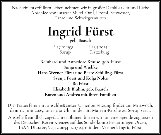 Traueranzeige von Ingrid Fürst von Flensburger Tageblatt