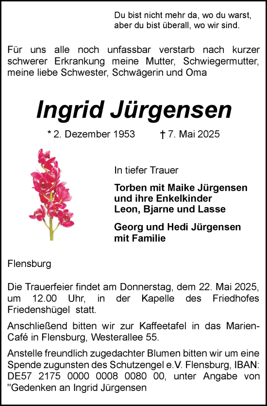 Traueranzeige von Ingrid Jürgensen von Flensburger Tageblatt