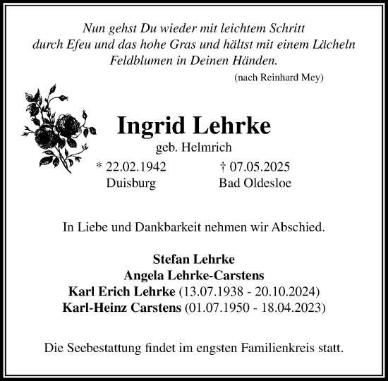 Traueranzeige von Ingrid Lehrke von MARKT Bad Oldesloe/Reinfeld und Stormarner Tageblatt