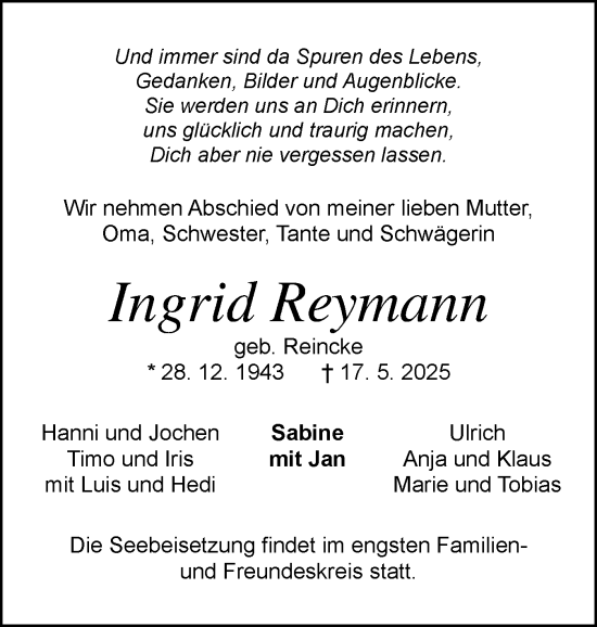 Traueranzeige von Ingrid Reymann von Holsteinischer Courier