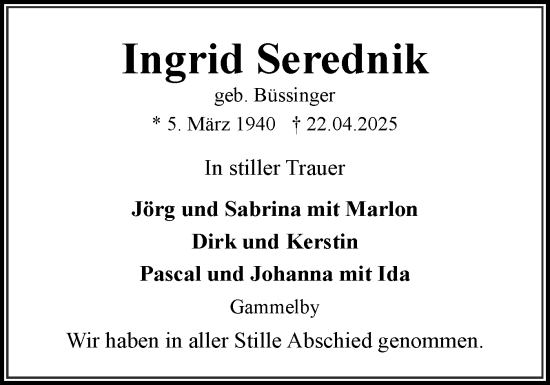 Traueranzeige von Ingrid Serednik von Eckernförder Zeitung