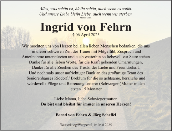 Traueranzeige von Ingrid von Fehrn von Husumer Nachrichten, Nordfriesland Tageblatt