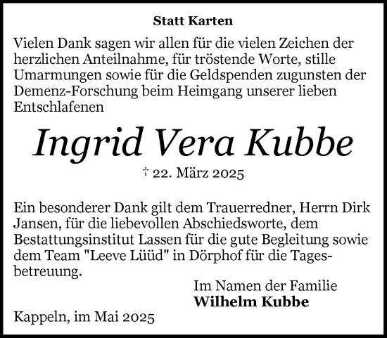 Traueranzeige von Ingrid Vera Kubbe von Schleswiger Nachrichten, Schlei-Bote